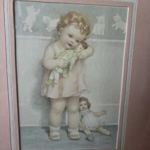 Vintage Pink and Cream Little Girl with Dolls Art Print